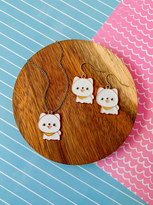 Marshmallow the Puppy Necklace and Earrings