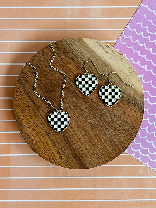 Black Check Heart Necklace and Earrings