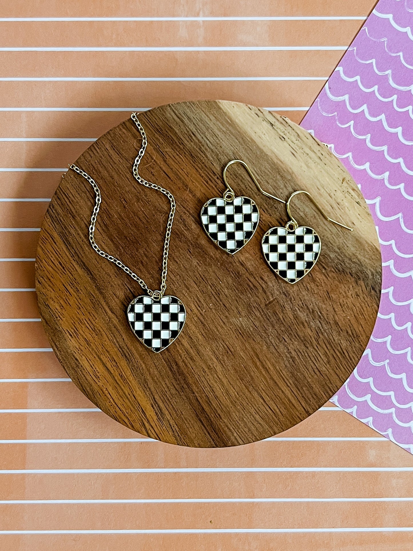 Black Check Heart Necklace and Earrings