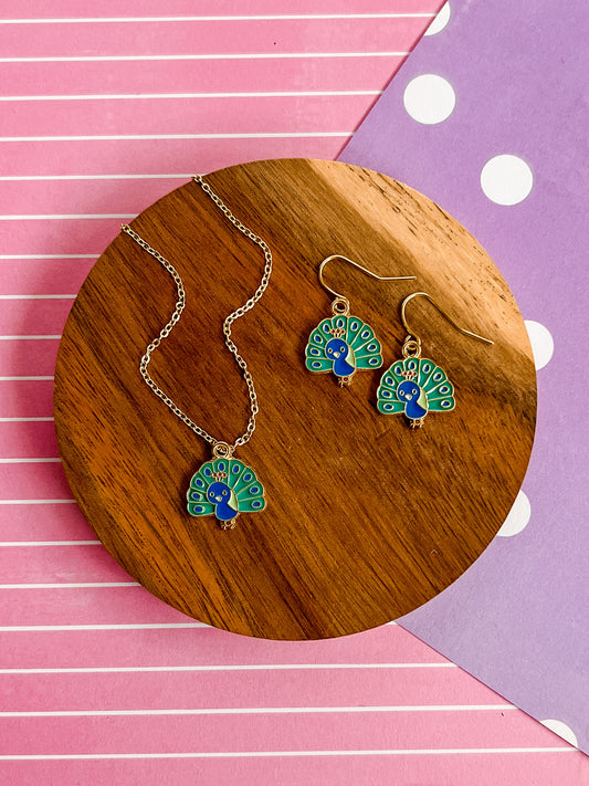 Peanut the Peacock Necklace and Earrings