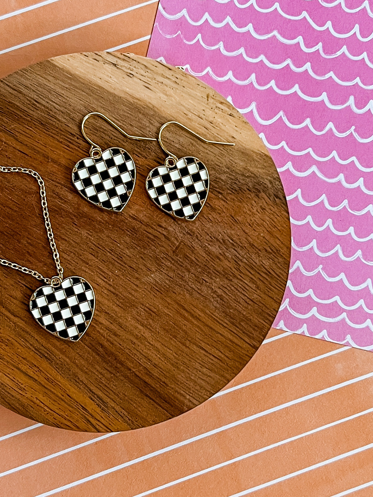 Black Check Heart Necklace and Earrings